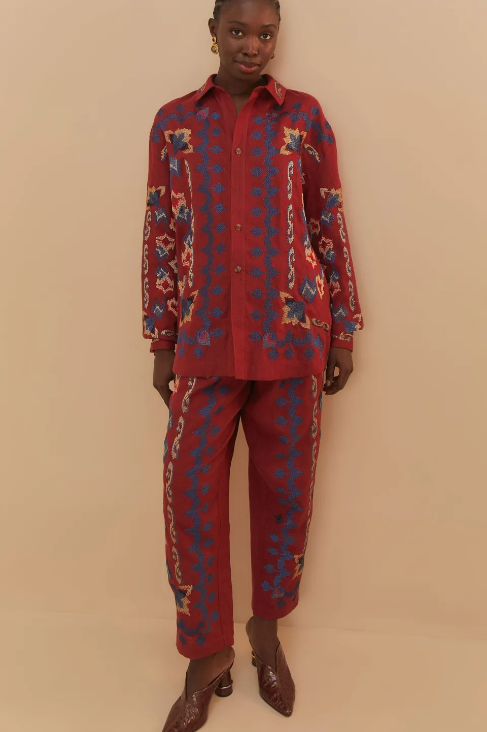 FARM Rio Pantalon<Pantalon en jacquard à broderies florales rouges