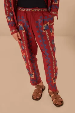 FARM Rio  Pantalon<Pantalon en jacquard à broderies florales rouges