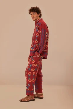 FARM Rio Pantalon<Pantalon en jacquard à broderies florales rouges