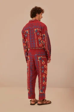 FARM Rio Pantalon<Pantalon en jacquard à broderies florales rouges
