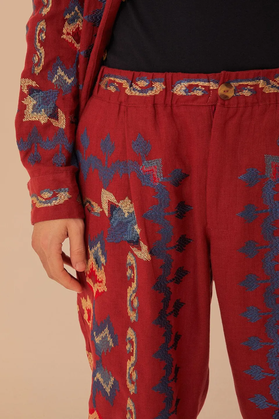 FARM Rio Pantalon<Pantalon en jacquard à broderies florales rouges