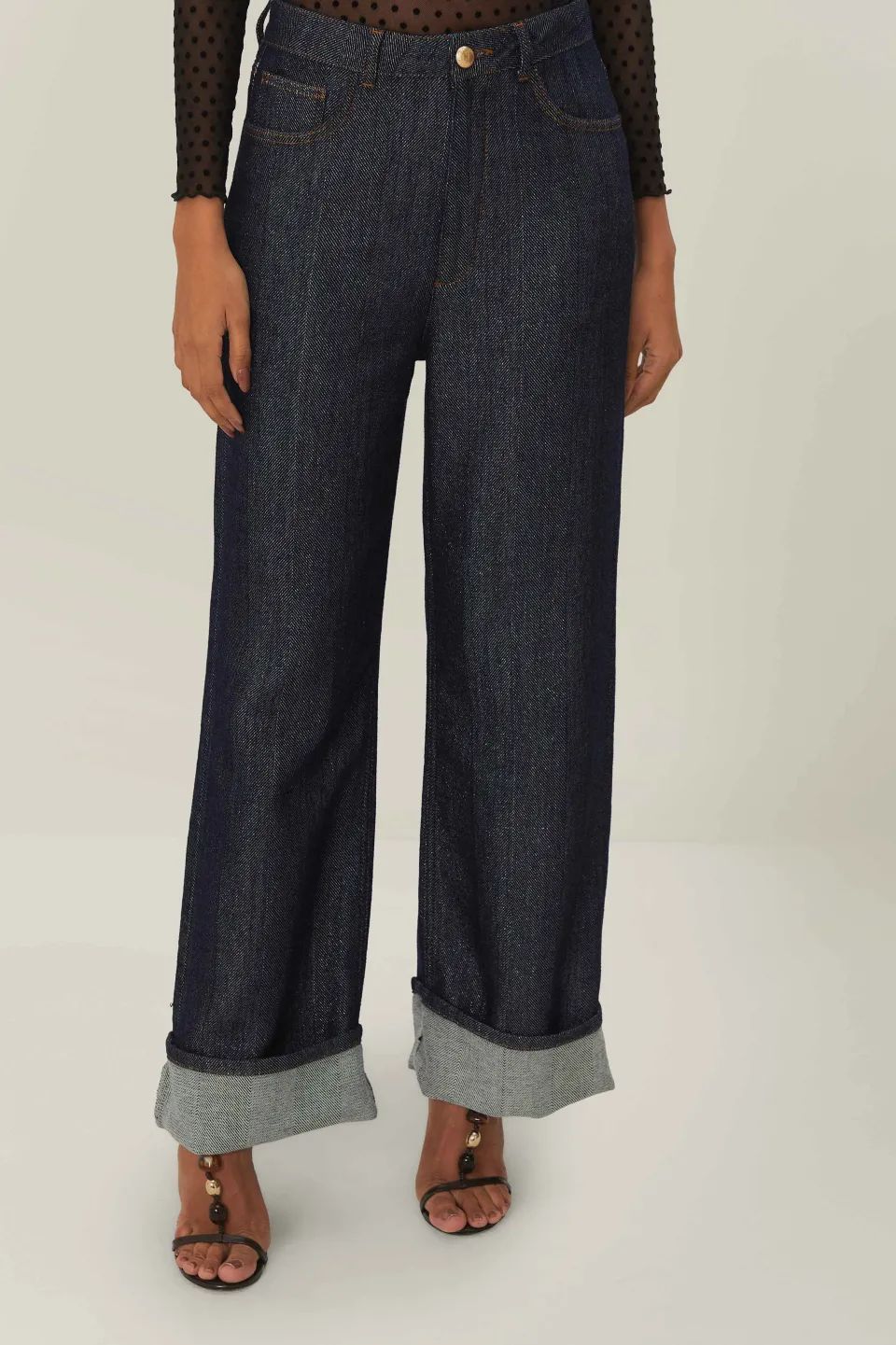 FARM Rio Pantalon<Pantalon large taille haute en denim brillant