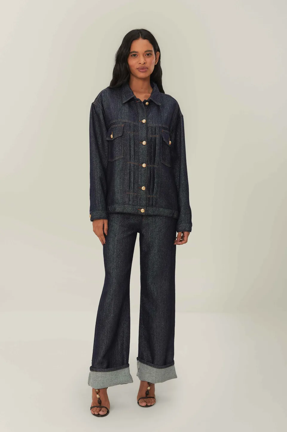 FARM Rio Pantalon<Pantalon large taille haute en denim brillant