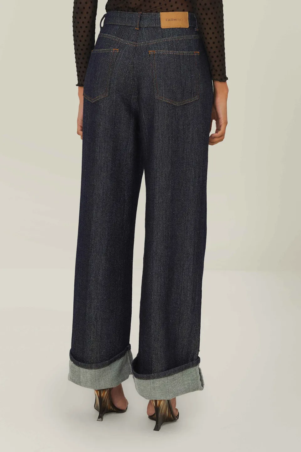 FARM Rio Pantalon<Pantalon large taille haute en denim brillant