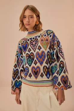 FARM Rio  Pulls Et Sweat-shirts<Pull en tricot ikat à coeurs crème