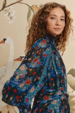 FARM Rio  Robes Courtes<Robe courte à col montant et motif floral arabesque bleu