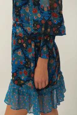FARM Rio  Robes Courtes<Robe courte à col montant et motif floral arabesque bleu