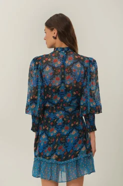 FARM Rio  Robes Courtes<Robe courte à col montant et motif floral arabesque bleu