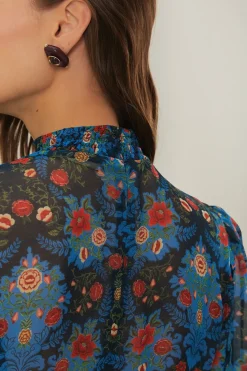 FARM Rio  Robes Courtes<Robe courte à col montant et motif floral arabesque bleu