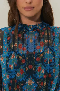 FARM Rio  Robes Courtes<Robe courte à col montant et motif floral arabesque bleu