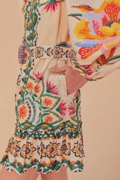 FARM Rio  Robes Courtes<Robe courte à manches longues en tapisserie florale crème Lucy