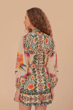 FARM Rio Robes Courtes<Robe courte à manches longues en tapisserie florale crème Lucy
