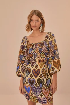 FARM Rio  Robes Courtes<Robe courte à manches longues en ikat avec coeurs crème