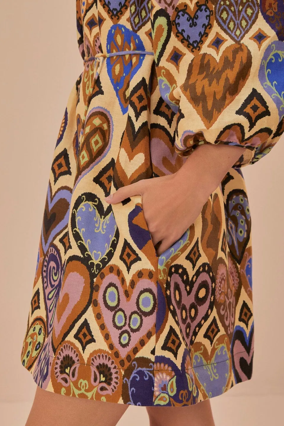 FARM Rio Robes Courtes<Robe courte à manches longues en ikat avec coeurs crème