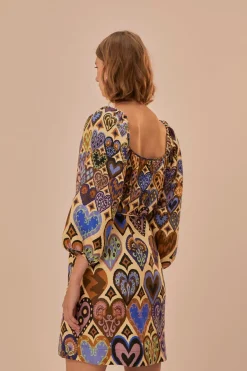 FARM Rio Robes Courtes<Robe courte à manches longues en ikat avec coeurs crème