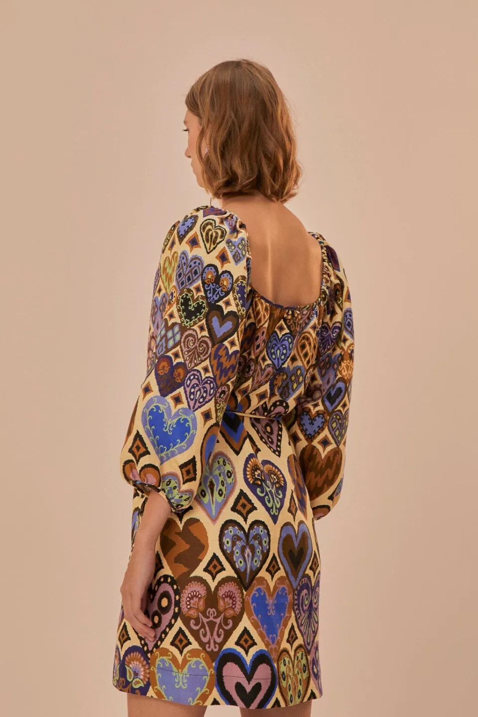 FARM Rio Robes Courtes<Robe courte à manches longues en ikat avec coeurs crème
