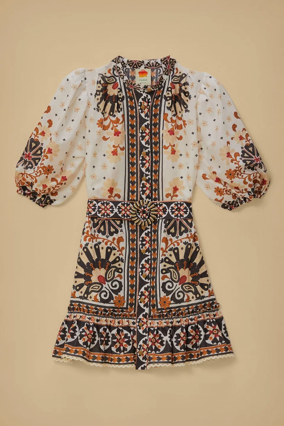 FARM Rio Robes Courtes<Robe courte blanc cassé à tapisserie éventail de fleurs