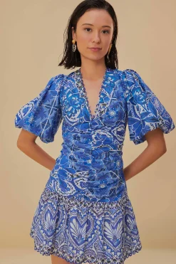 FARM Rio  Robes Courtes<Robe courte bleue à manches courtes Tile Dream