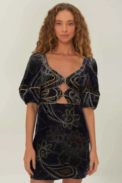 FARM Rio  Robes Courtes<Robe courte en velours bleu à imprimé floral et écharpe glamour