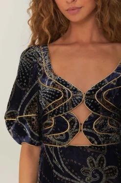 FARM Rio  Robes Courtes<Robe courte en velours bleu à imprimé floral et écharpe glamour