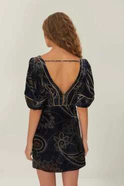 FARM Rio  Robes Courtes<Robe courte en velours bleu à imprimé floral et écharpe glamour