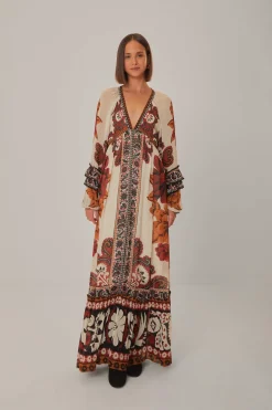 FARM Rio  Robes Longues<Robe longue à col en V et tapisserie d'hiver sable