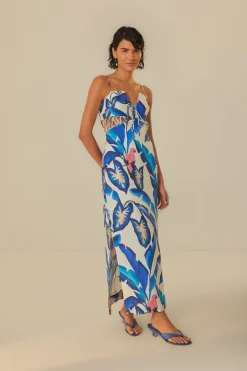 FARM Rio  Robes Longues<Robe longue à feuillage bleu blanc cassé