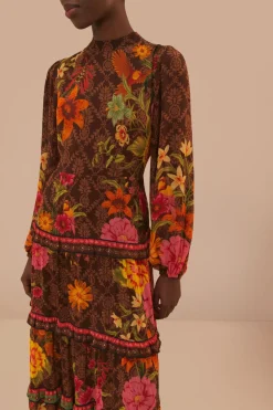 FARM Rio  Robes Longues<Robe longue à manches longues de style jardin charmant marron