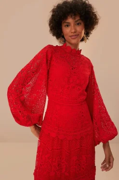 FARM Rio  Robes Longues<Robe longue à manches longues en guipure rouge