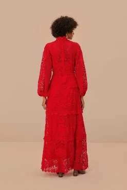 FARM Rio  Robes Longues<Robe longue à manches longues en guipure rouge