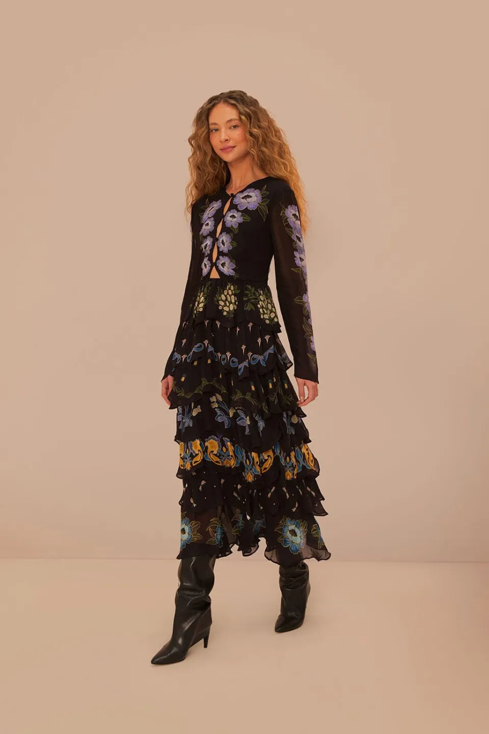 FARM Rio Robes Longues<Robe longue à volants noire Winter Garden