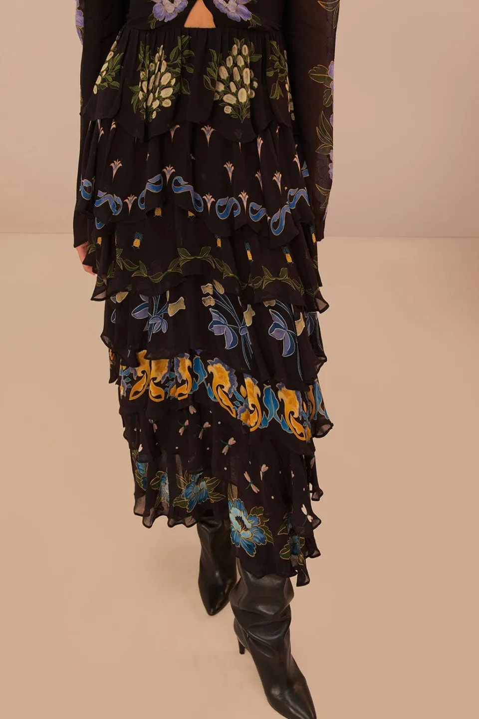 FARM Rio Robes Longues<Robe longue à volants noire Winter Garden