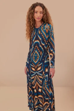FARM Rio  Robes Longues<Robe longue en viscose LENZING™ ECOVERO™ Ikat bleu ananas