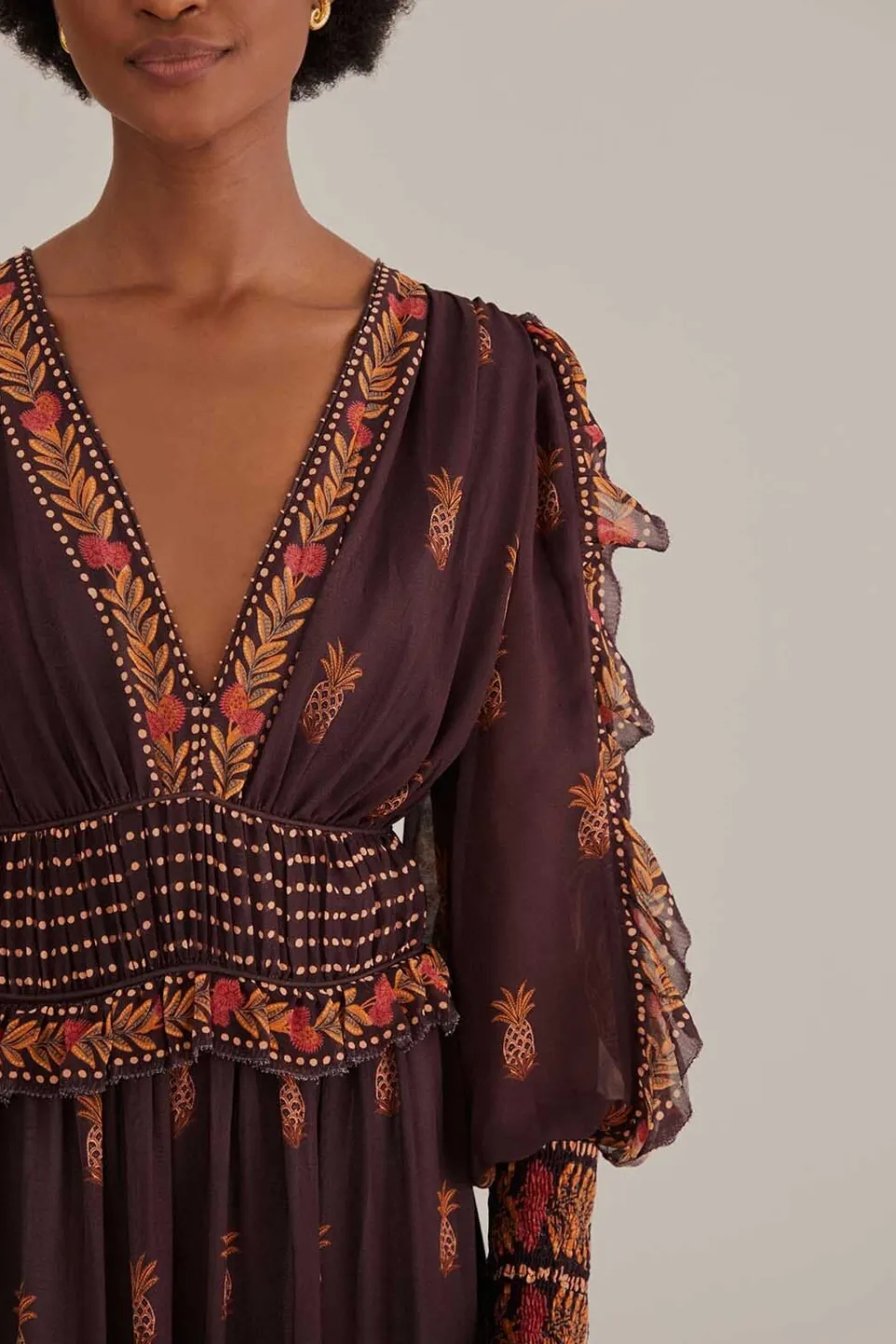 FARM Rio Robes Longues<Robe longue marron à manches longues Paisley Bloom
