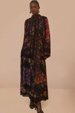 FARM Rio  Robes Longues<Robe longue noire à col montant et foulards fleuris