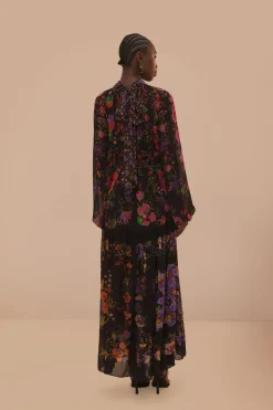 FARM Rio Robes Longues<Robe longue noire à col montant et foulards fleuris