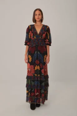 FARM Rio  Robes Longues<Robe longue noire à manches courtes et à coutures de jardin