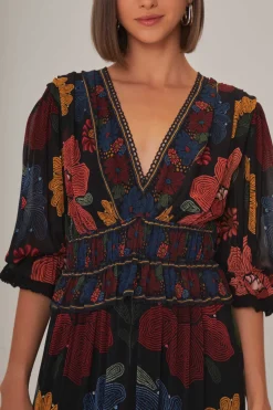 FARM Rio  Robes Longues<Robe longue noire à manches courtes et à coutures de jardin