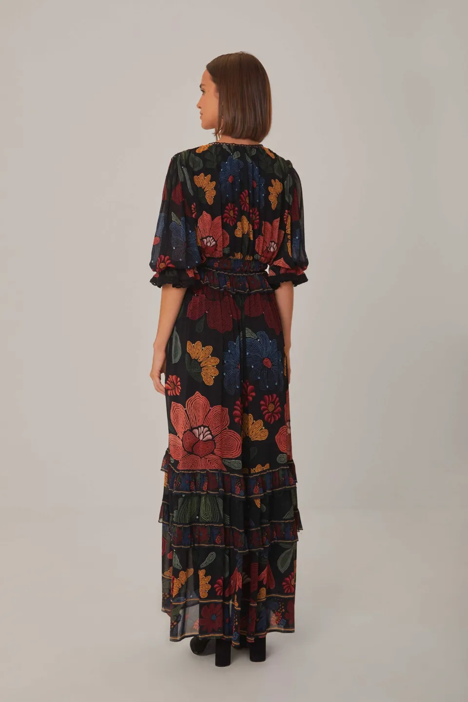 FARM Rio Robes Longues<Robe longue noire à manches courtes et à coutures de jardin