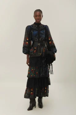 FARM Rio  Robes Longues<Robe longue noire à manches longues avec foulards arabesques mélangés