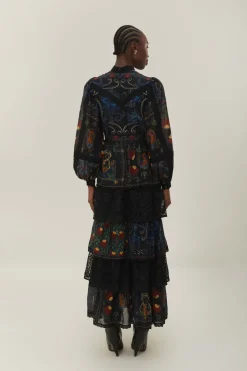 FARM Rio  Robes Longues<Robe longue noire à manches longues avec foulards arabesques mélangés