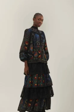 FARM Rio  Robes Longues<Robe longue noire à manches longues avec foulards arabesques mélangés