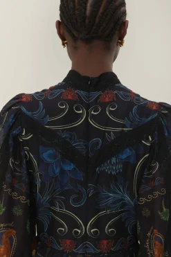 FARM Rio  Robes Longues<Robe longue noire à manches longues avec foulards arabesques mélangés