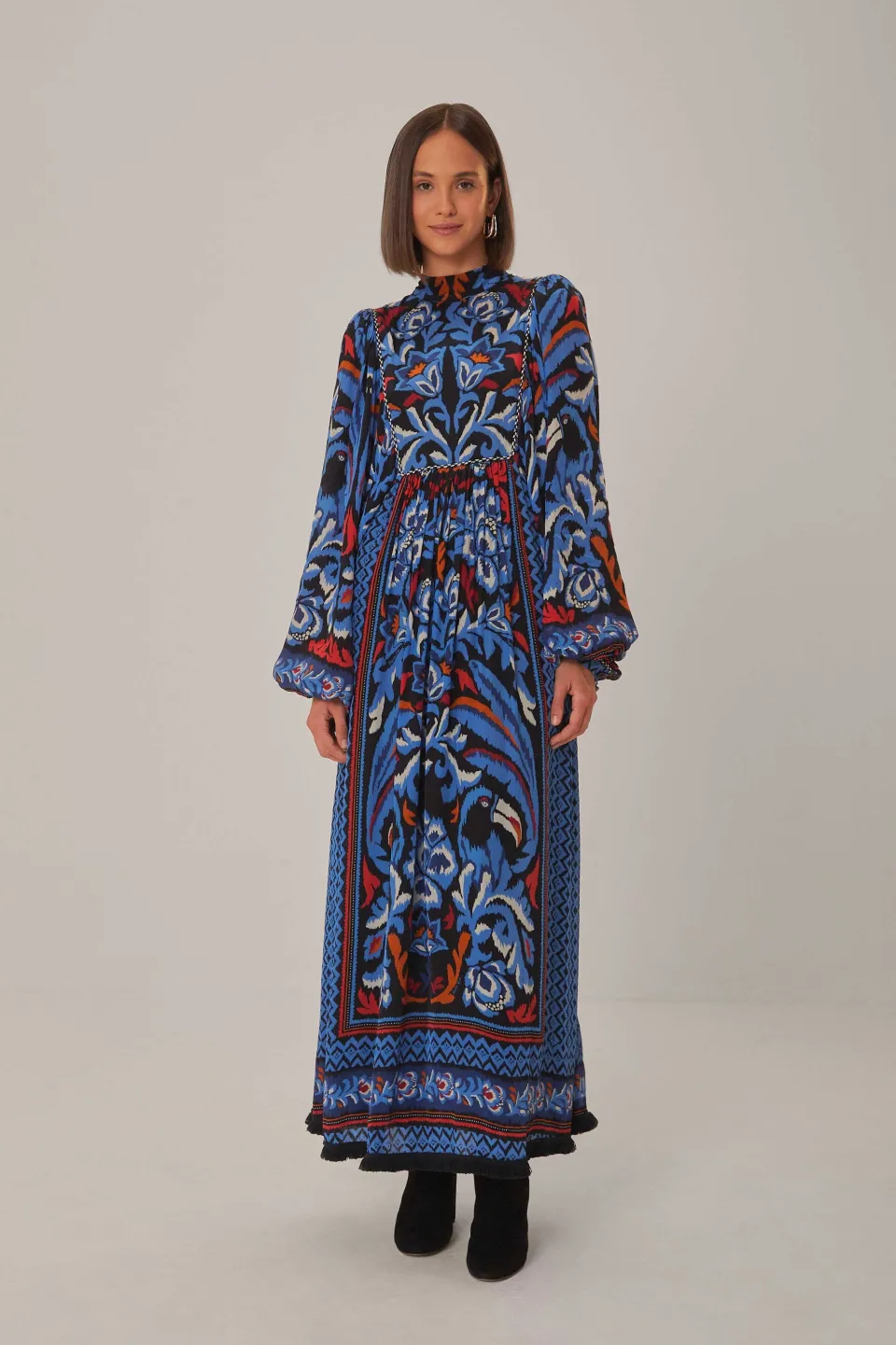 FARM Rio Robes Longues<Robe longue noire à manches longues et écharpe Toucans