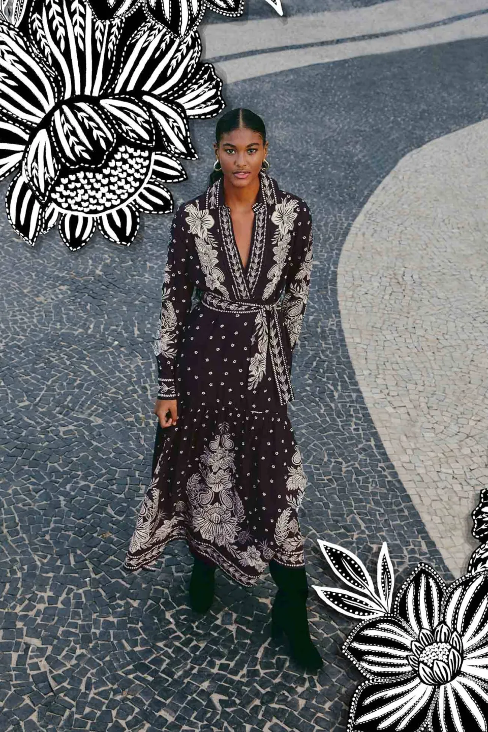 FARM Rio Robes Longues<Robe longue noire à motif cachemire Bloom