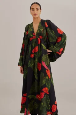 FARM Rio  Robes Longues<Robe longue noire Anthurium à col en V