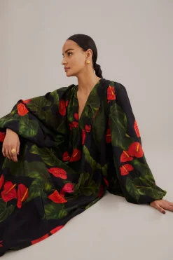 FARM Rio  Robes Longues<Robe longue noire Anthurium à col en V