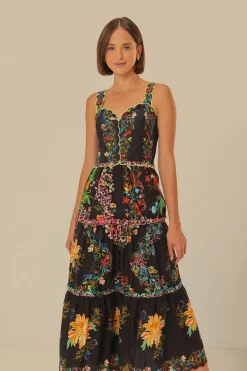 FARM Rio  Robes Longues<Robe longue noire en coton biologique avec foulards de forêt délicate