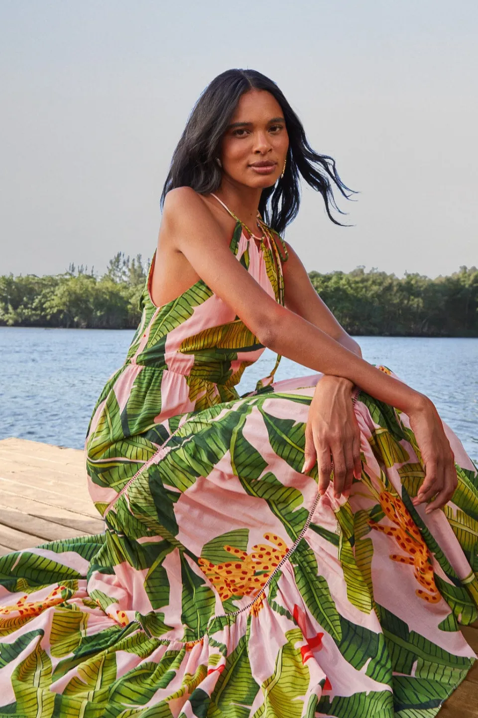 FARM Rio Robes Longues<Robe longue sans manches rose à feuilles de bananier