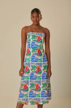 FARM Rio  Robes Midi<Robe midi à affiches Carioca blanc cassé